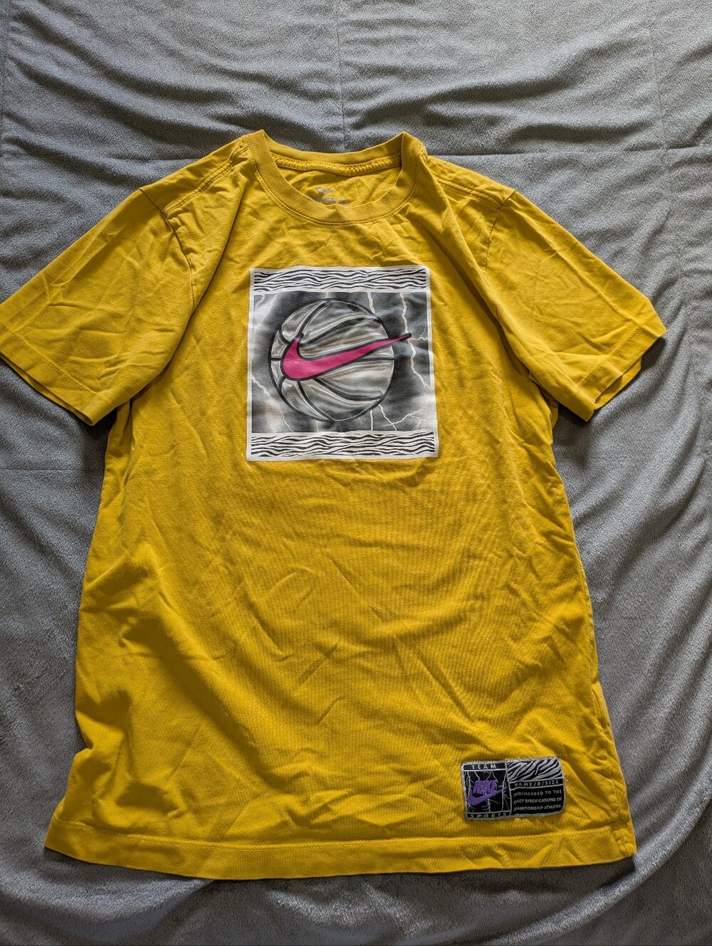 Nike Yellow Short Sleeve Tee with Pink Swoosh and Gray Graphic